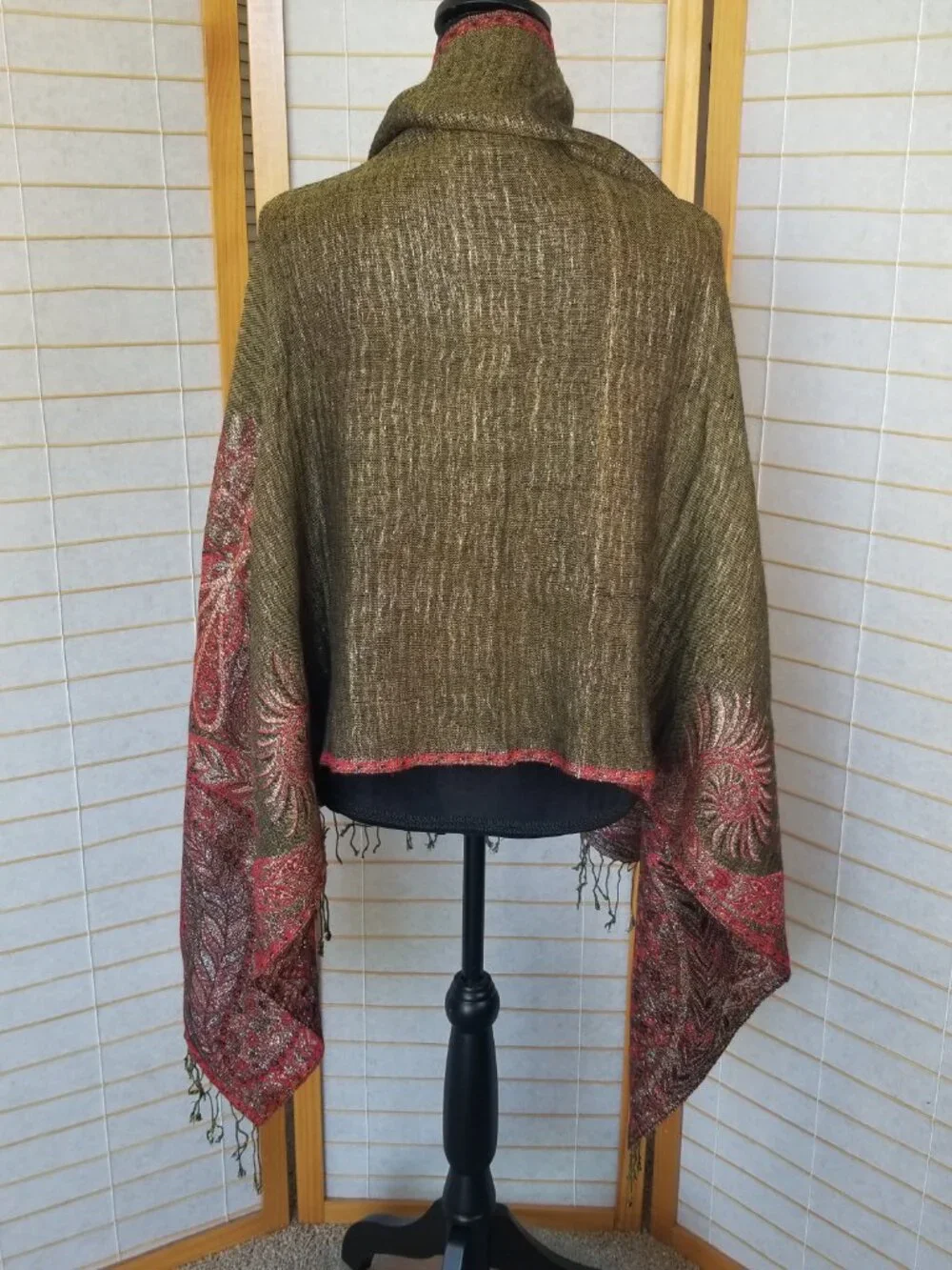 Wool Blanket Scarf Olive Green Brick Red Gold Metallic Threads Paisley Reverses